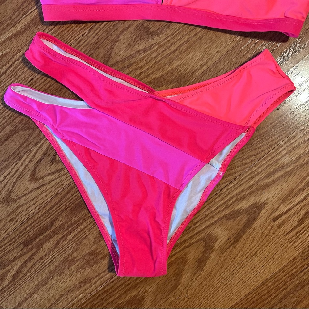 NWOT Neon Pink Orange Split One Shoulder Bikini Set size L - Picture 3 of 9